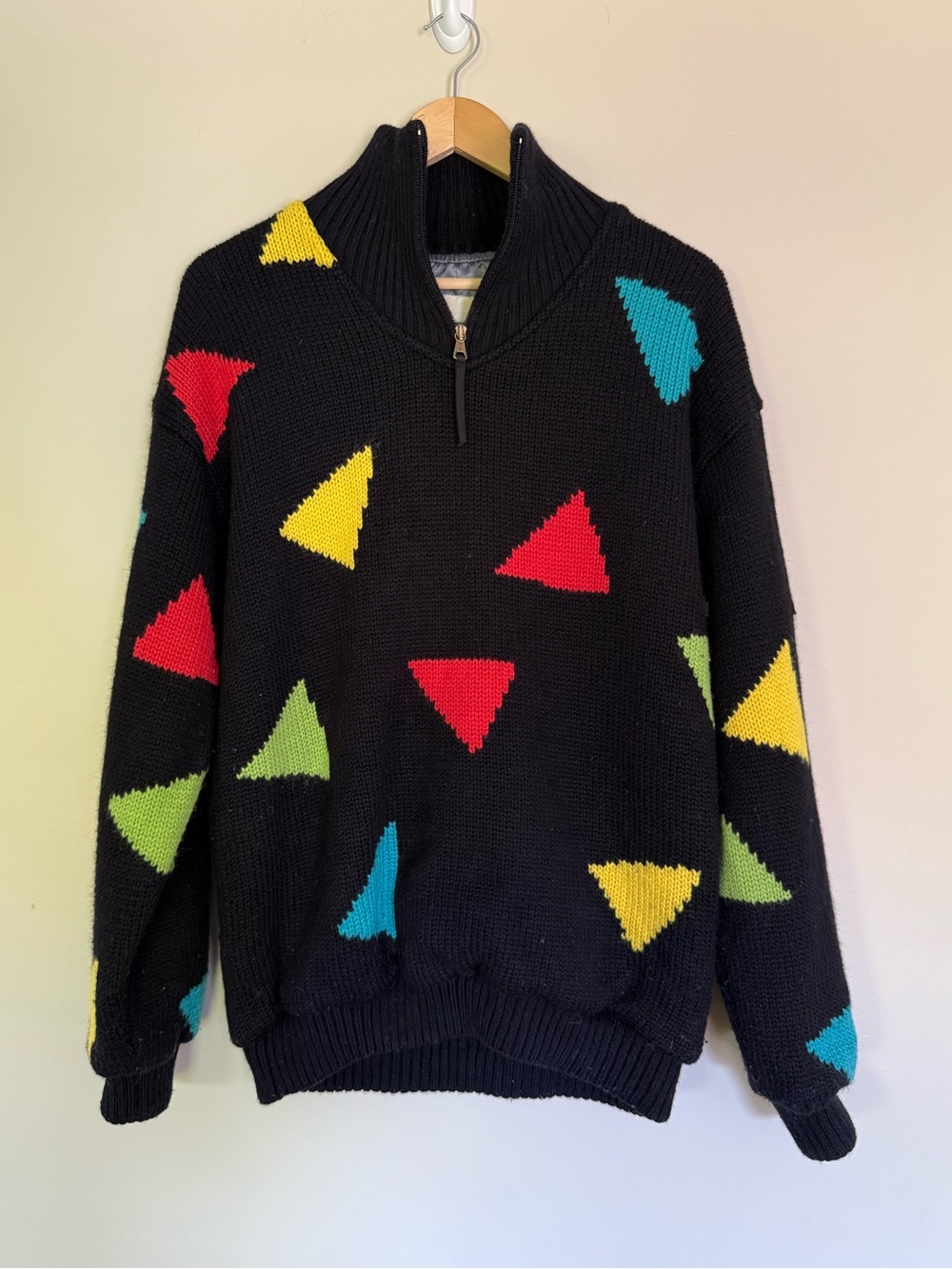 Vintage SOS Sportswear Wool Blend Black Sweater with Colorful Triangle Accents M